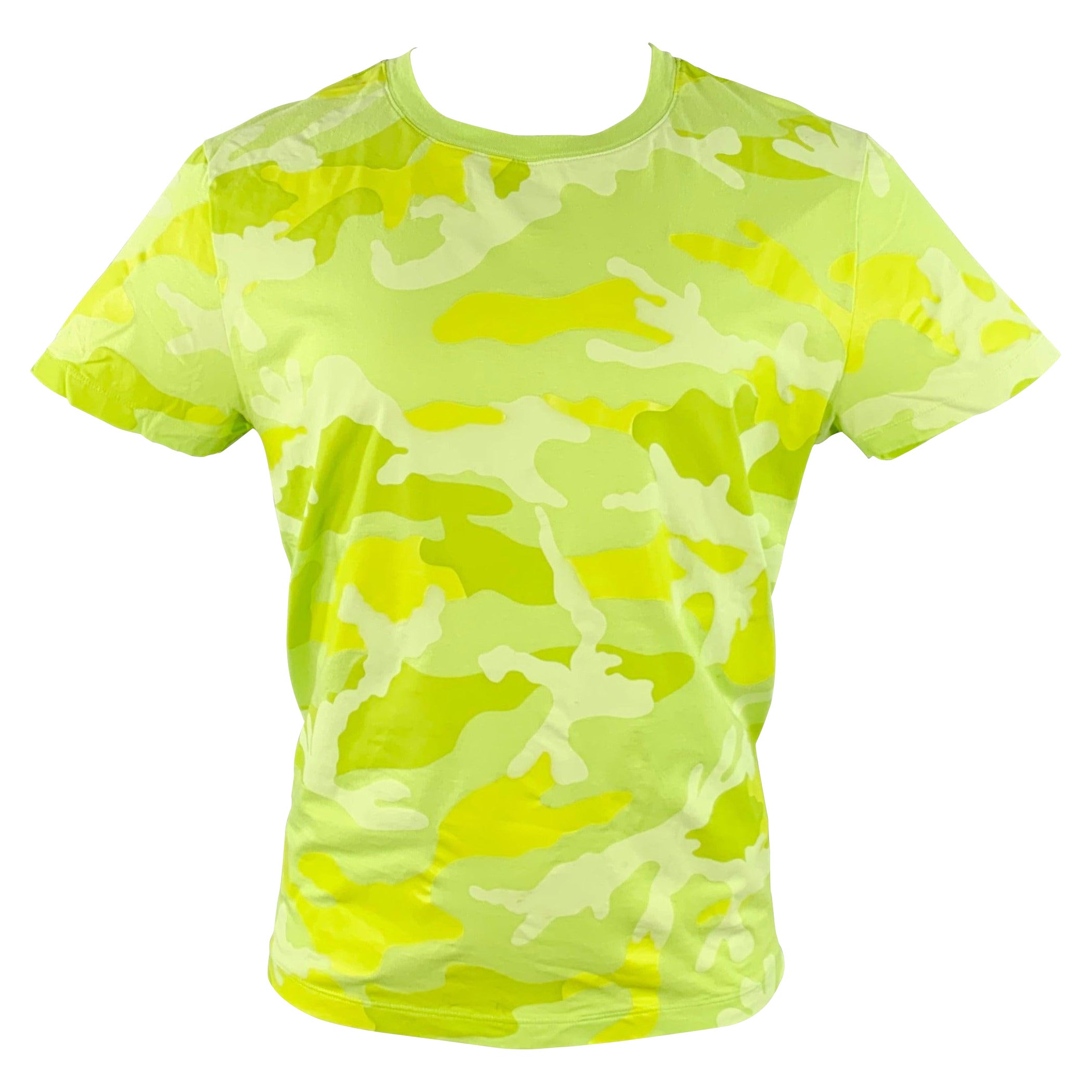 VALENTINO Size M Neon Green Yellow Camouflage Cotton Crew Neck T-shirt en vente