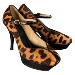YVES SAINT LAURENT Size 6 Tribute  Brown Black Calf Hair Animal Print Platform Sandals