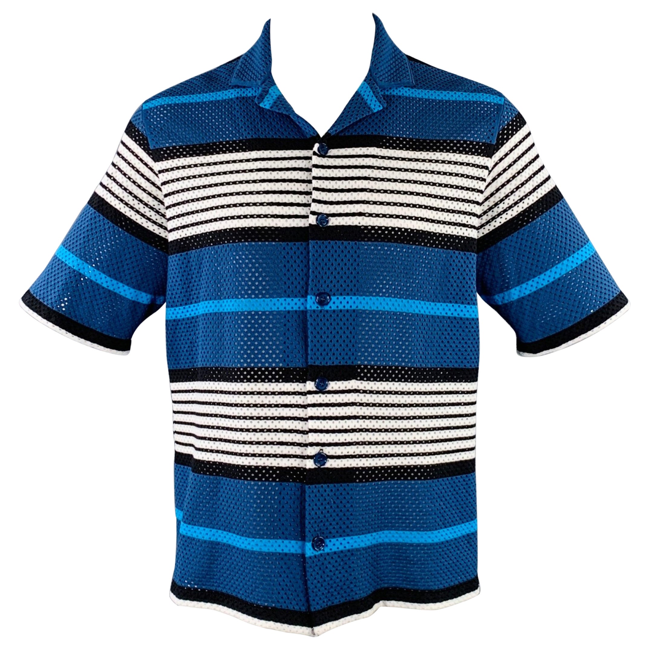 Burberry Size S Blue Black White Stripe Stretch Polyamide Mesh Camp Short Sleeve Shirt en vente