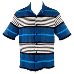 Burberry Size S Blue Black White Stripe Stretch Polyamide Mesh Camp Short Sleeve Shirt
