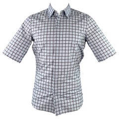 MARNI Taille S Bleu Marron Window Pane Cotton Button Up Short Sleeve Shirt