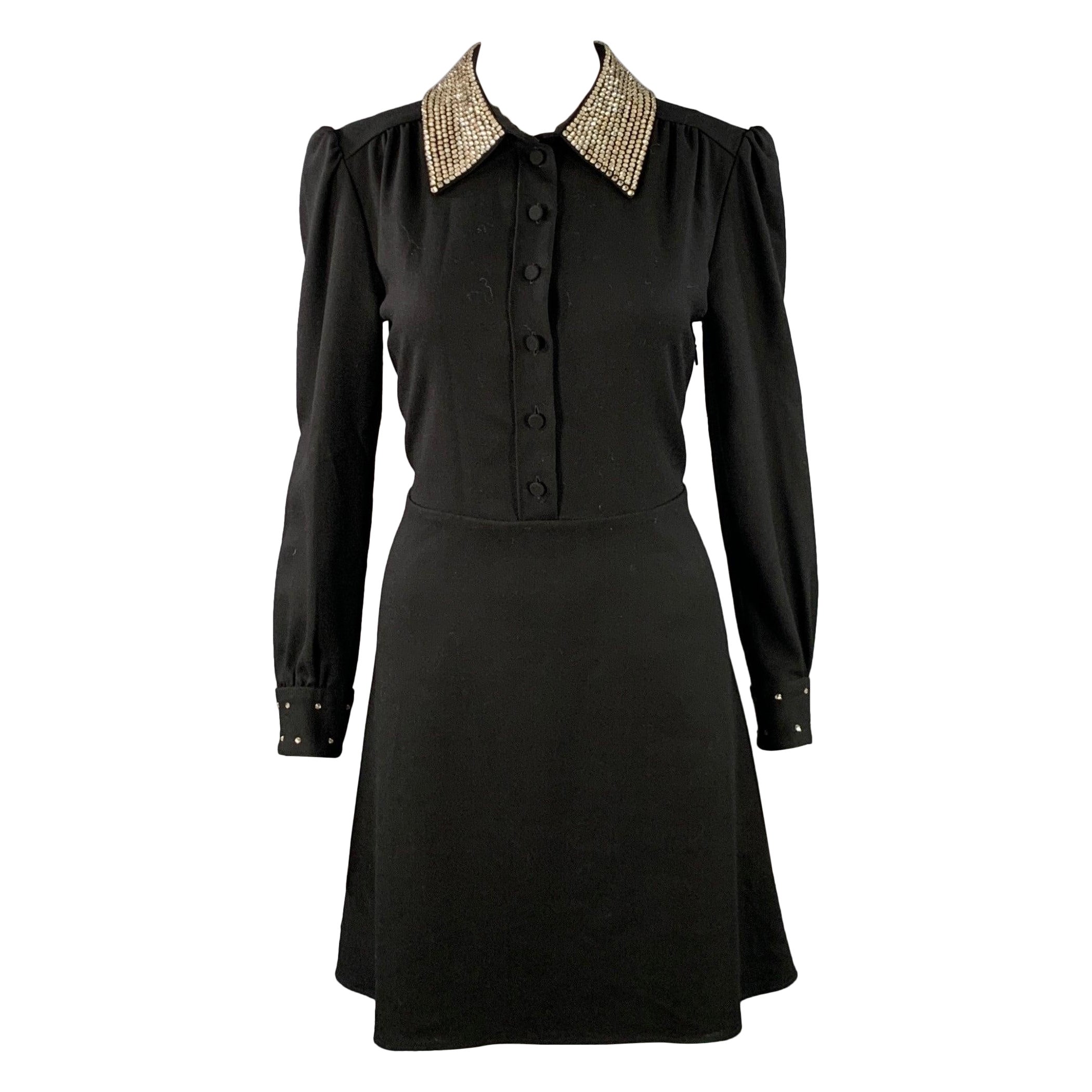 SAINT LAURENT Size 8 Black Gold Wool Crepe Rhinestones Long Sleeve Dress For Sale