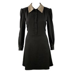 SAINT LAURENT Size 8 Black Gold Wool Crepe Rhinestones Long Sleeve Dress