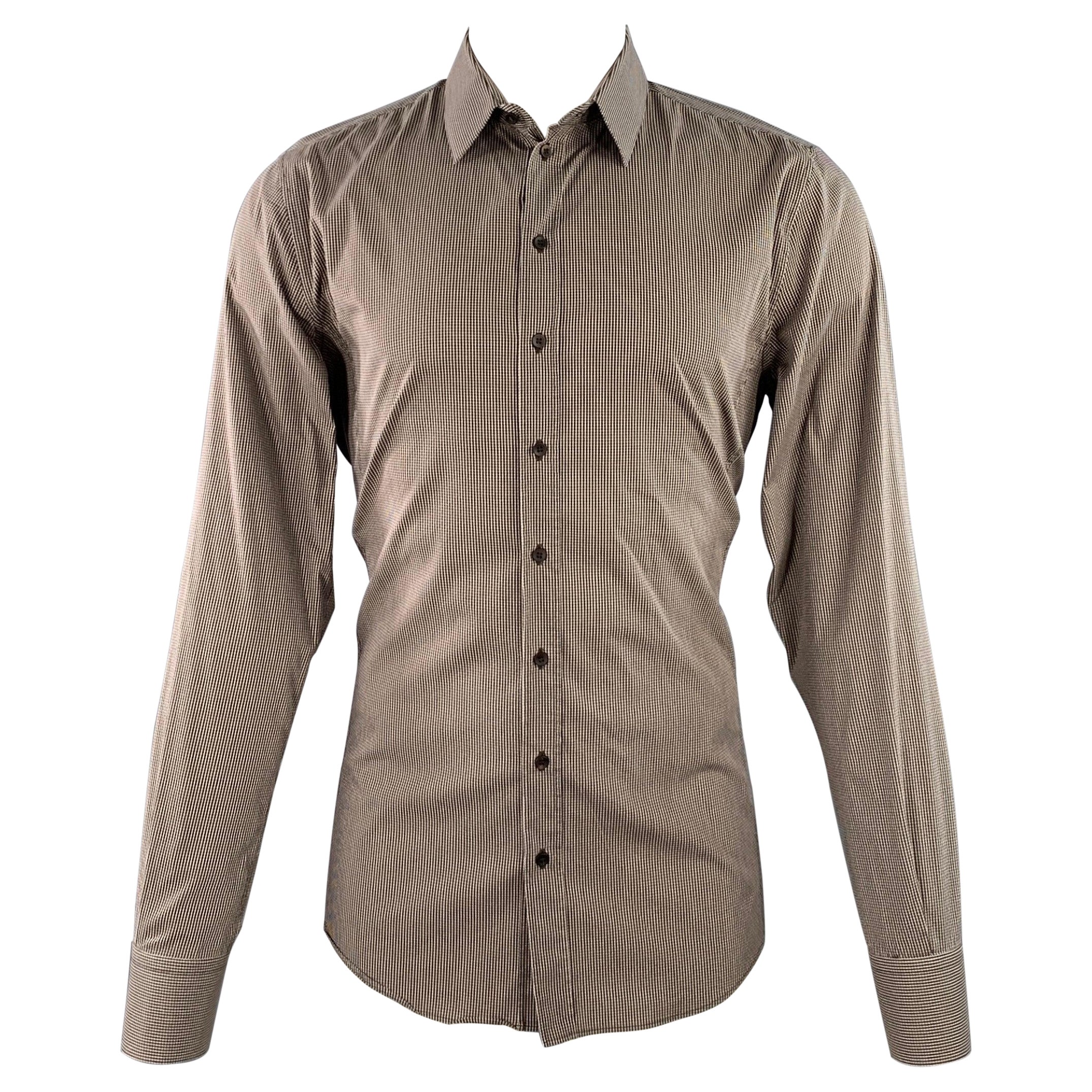 DOLCE & GABBANA Camicia a maniche lunghe in misto cotone con colletto spalmato, marrone e bianco, taglia L.L.A.
