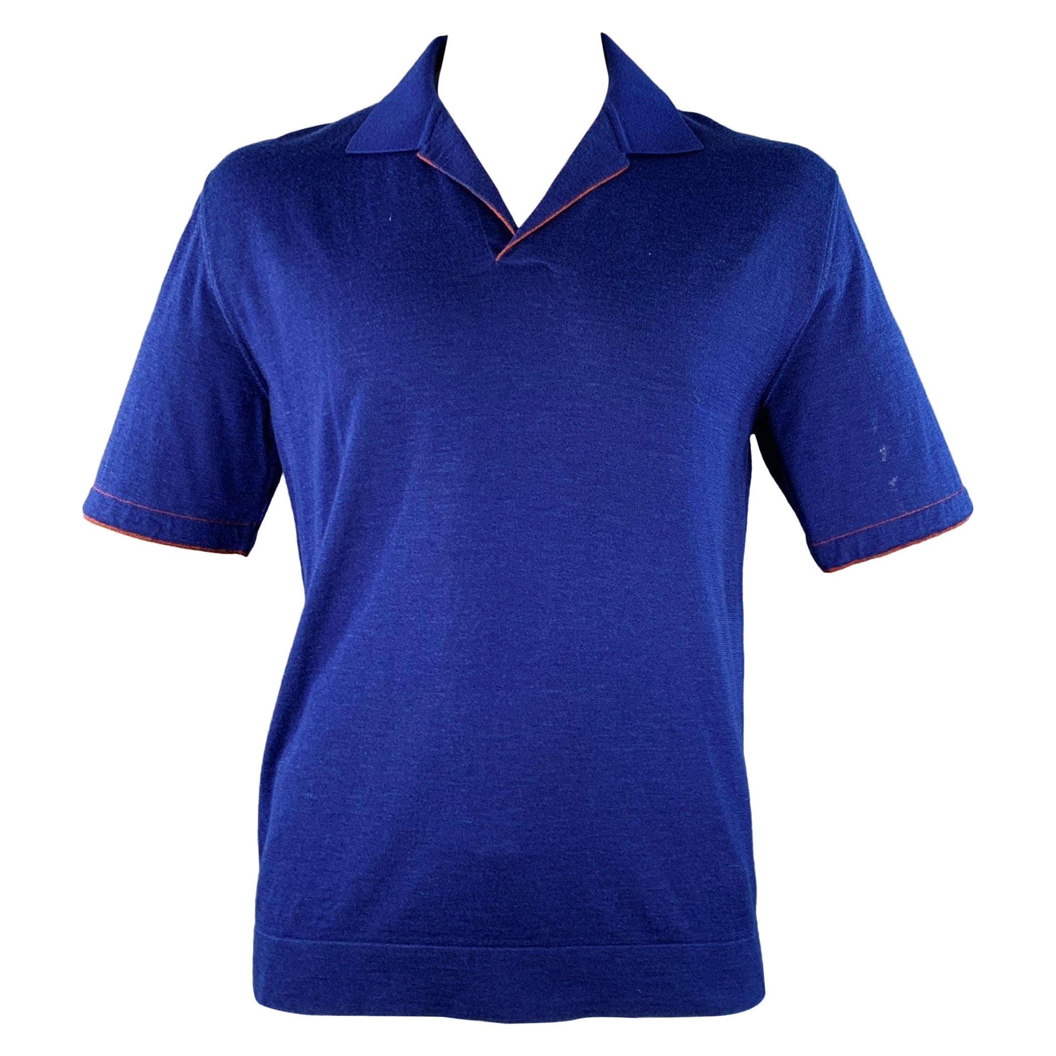 LORO PIANA Size 42 Blue Brown Contrast Trim Silk Cashmere Open Collar Polo For Sale