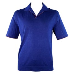 LORO PIANA Size 42 Blue Brown Contrast Trim Silk Cashmere Open Collar Polo