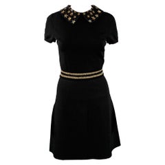 VALENTINO Size M Black Gold Viscose Blend Stars Applique Short Sleeve Dress