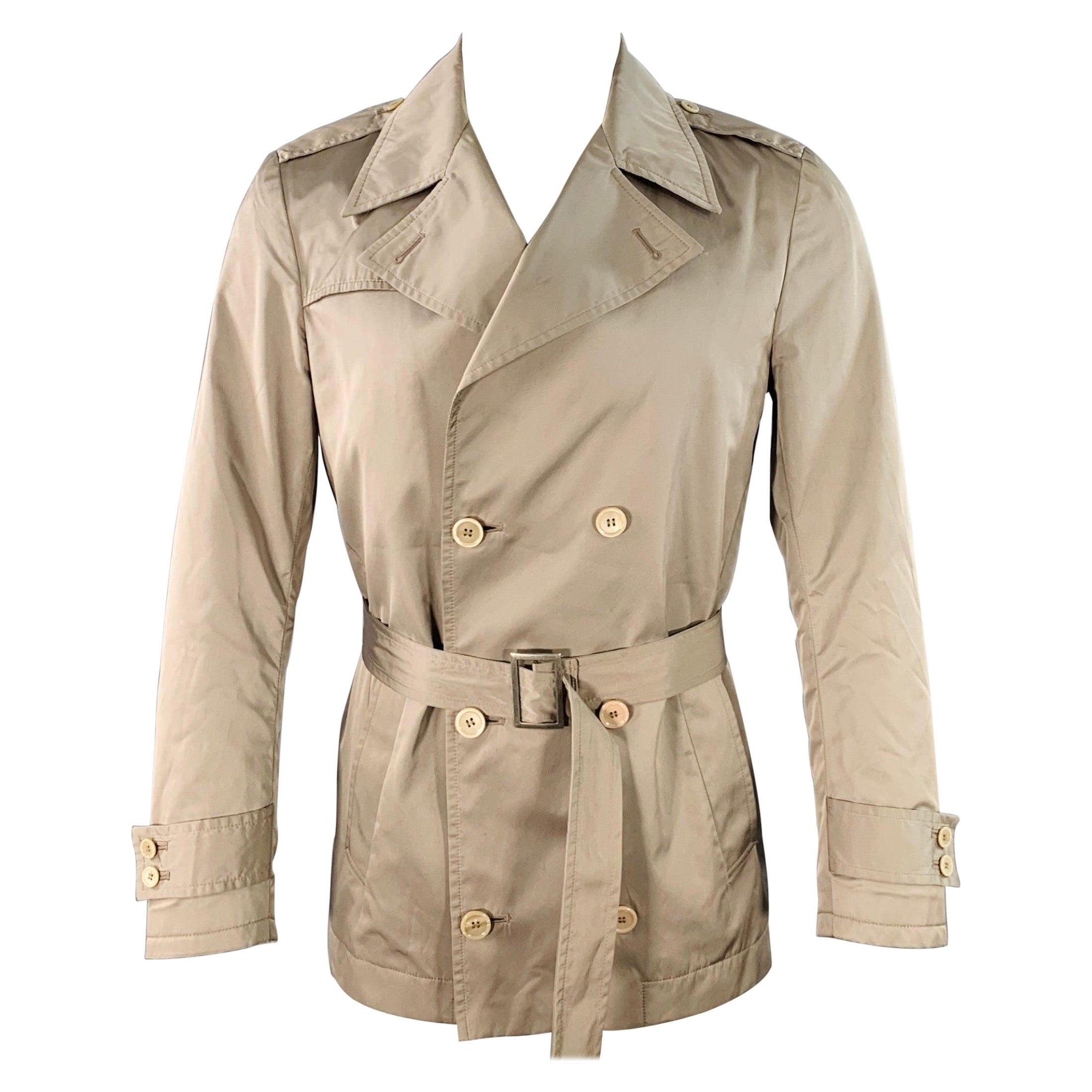 DANIELE ALESSANDRINI Size 38 Khaki Satin Double Breasted Belted Jacket For Sale