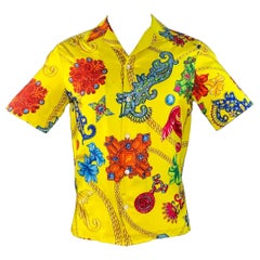 VERSACE Taille M Chemise à manches courtes en sergé baroque multicolore jaune
