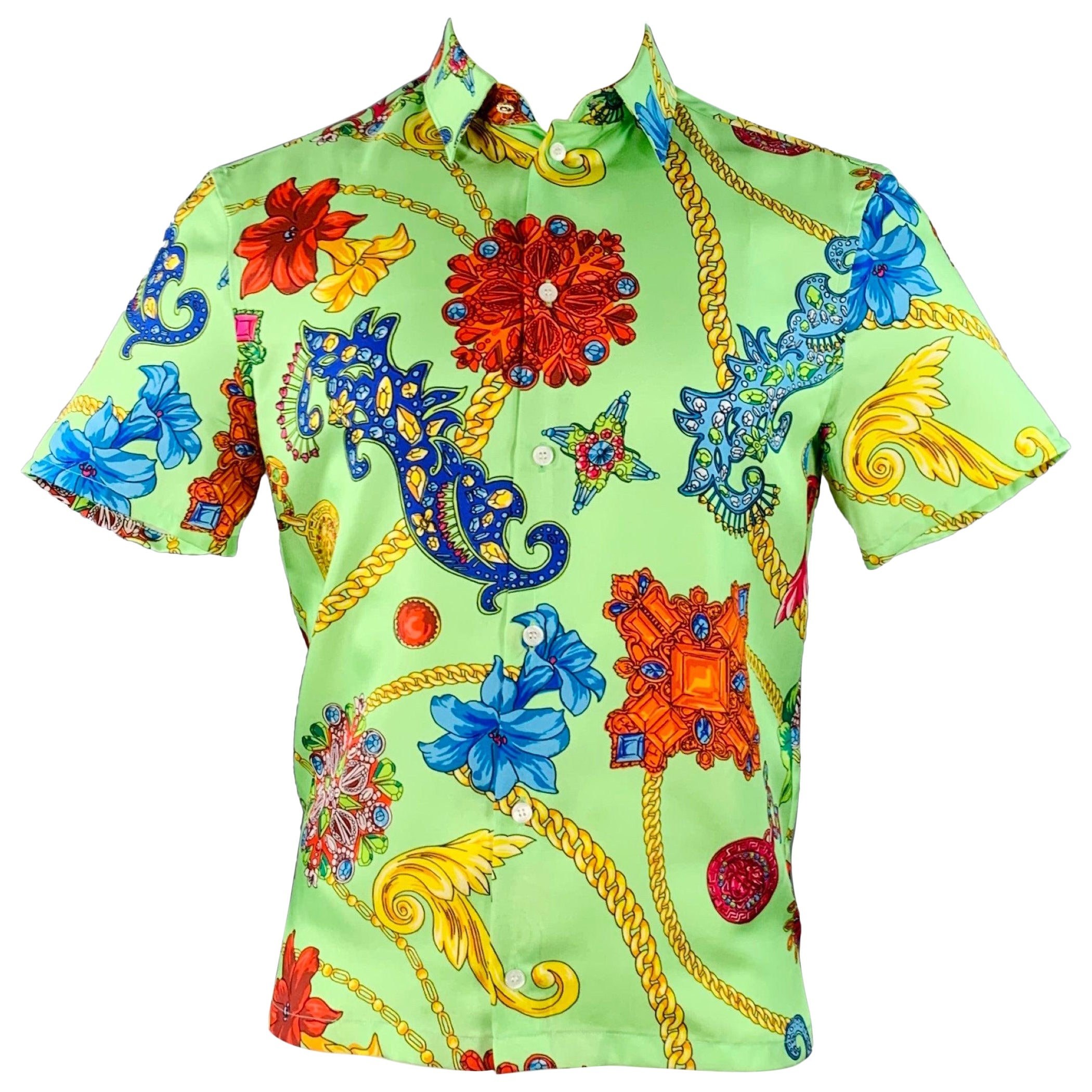 VERSACE Size M Green Multi Color Baroque Twill Short Sleeve Shirt For Sale