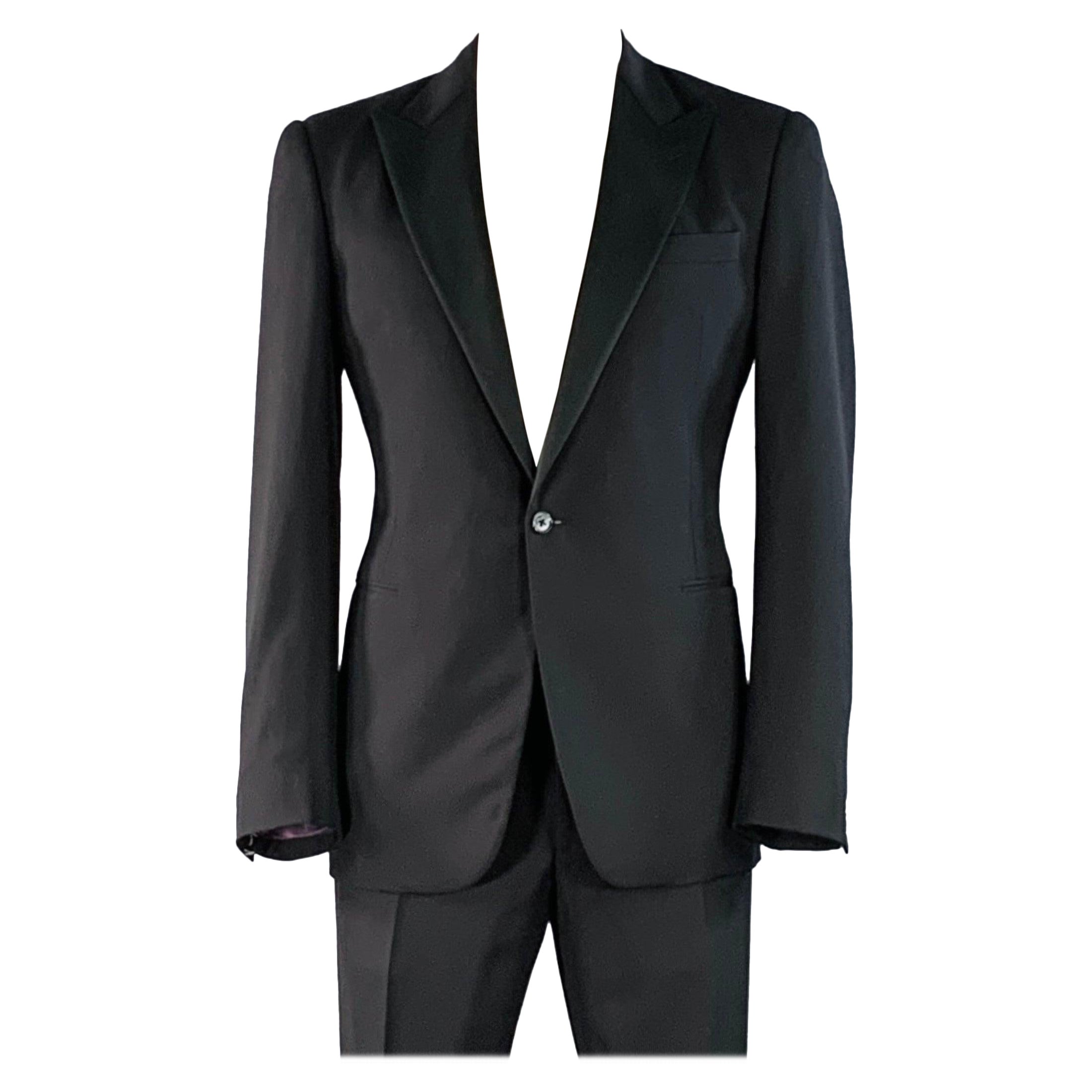 RALPH LAUREN Size 42 Long Black Wool Peak Lapel Single Button Tuxedo For Sale