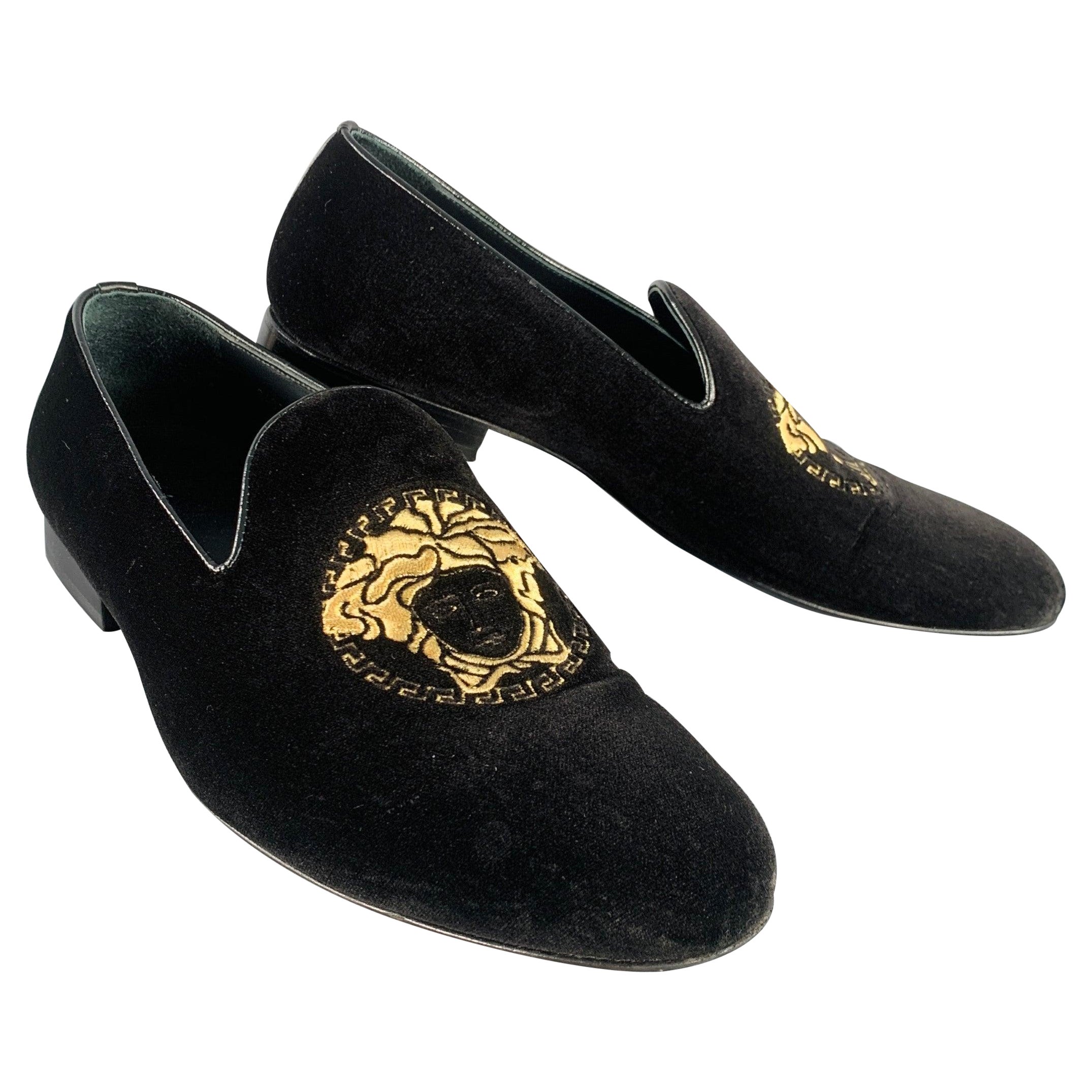 VERSACE Size 9 Black Gold Embroidery Velvet Medusa Head Slip On Loafers For Sale