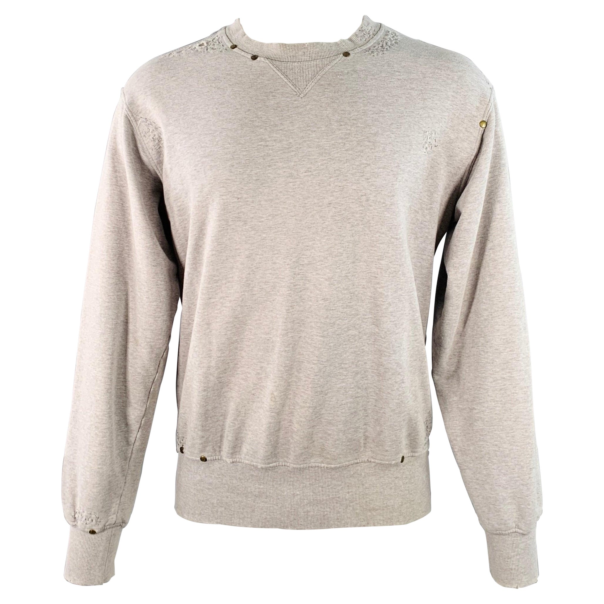 YVES SAINT LAURENT Size M Heather Grey Cotton Distressed Studded Sweatshirt For Sale