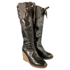 MONCLER Size 10 Black Brown Leather Knee High Crepe Sole Wedge Boots