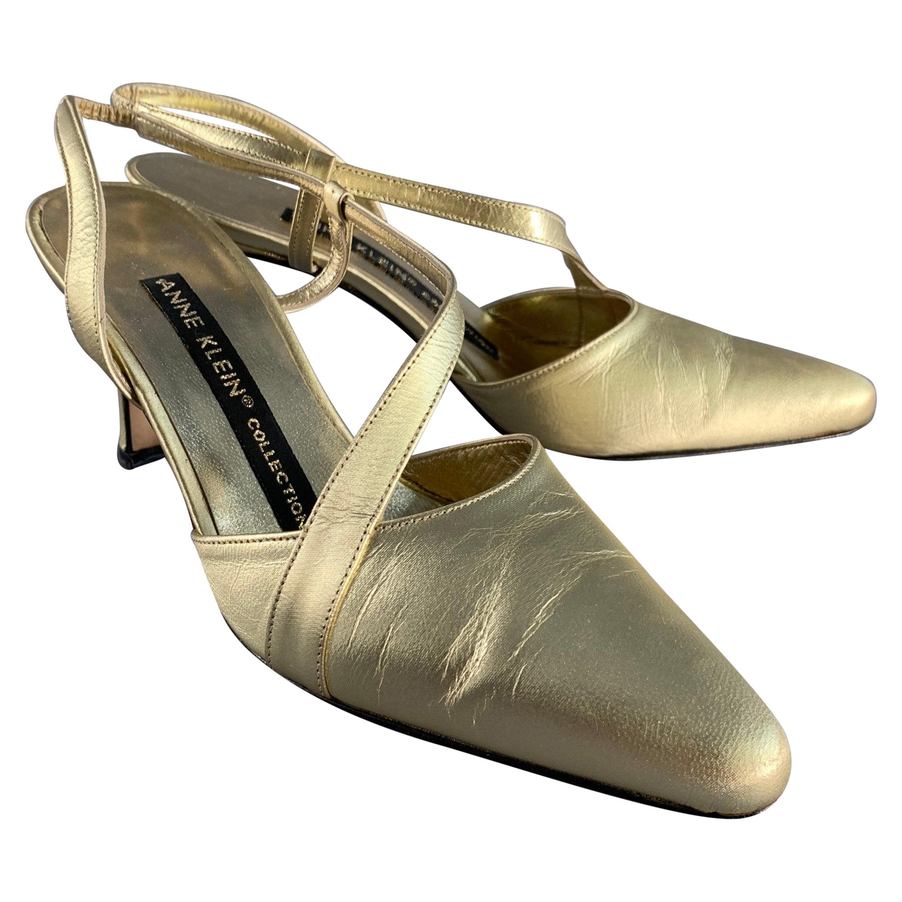ANNE KLEIN Size 6.5 Gold Leather Ankle Strap Pumps For Sale