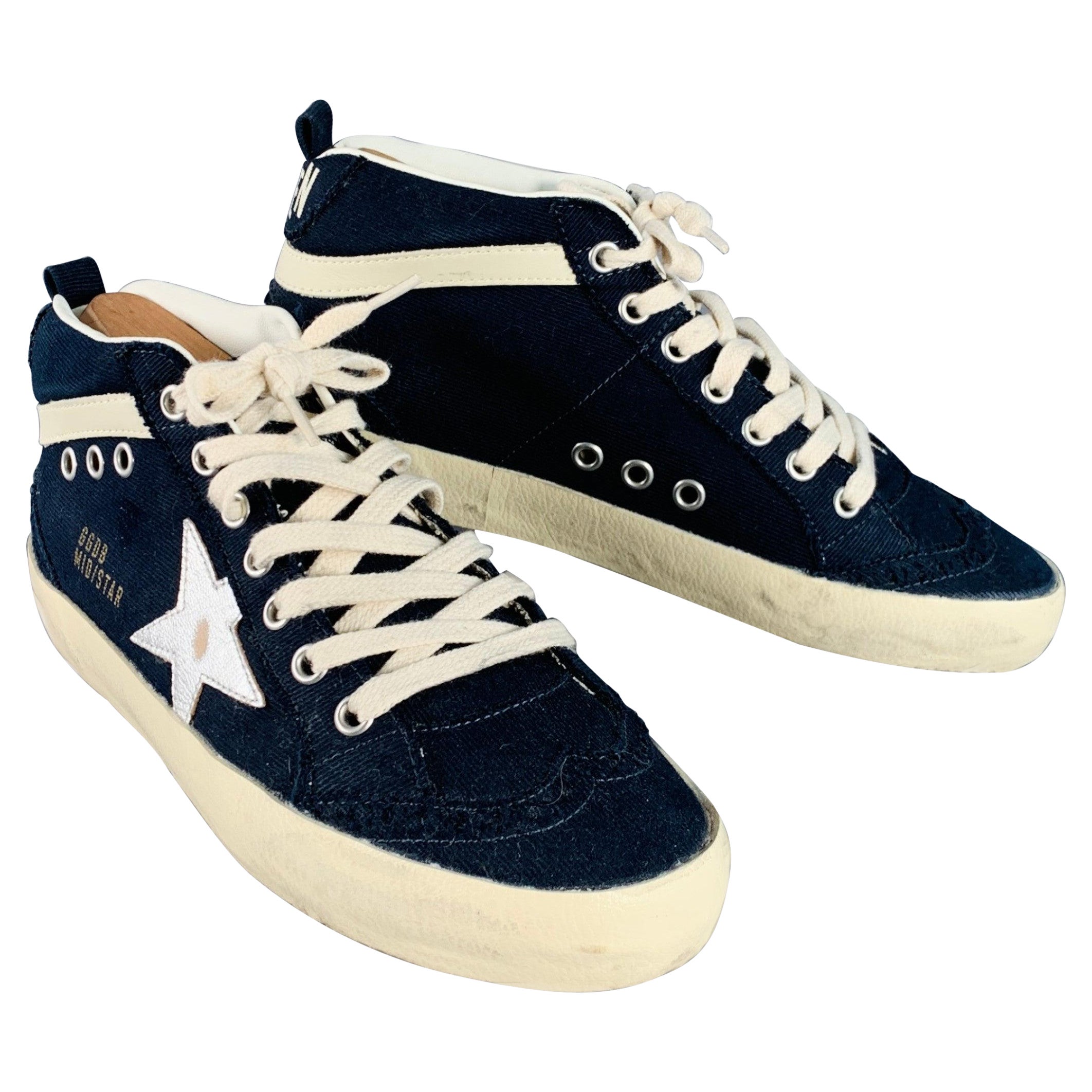GOLDEN GOOSE MIDSTAR Talla 7 Azul marino Crema Lienzo Envejecido Zapatillas Mid Top en venta