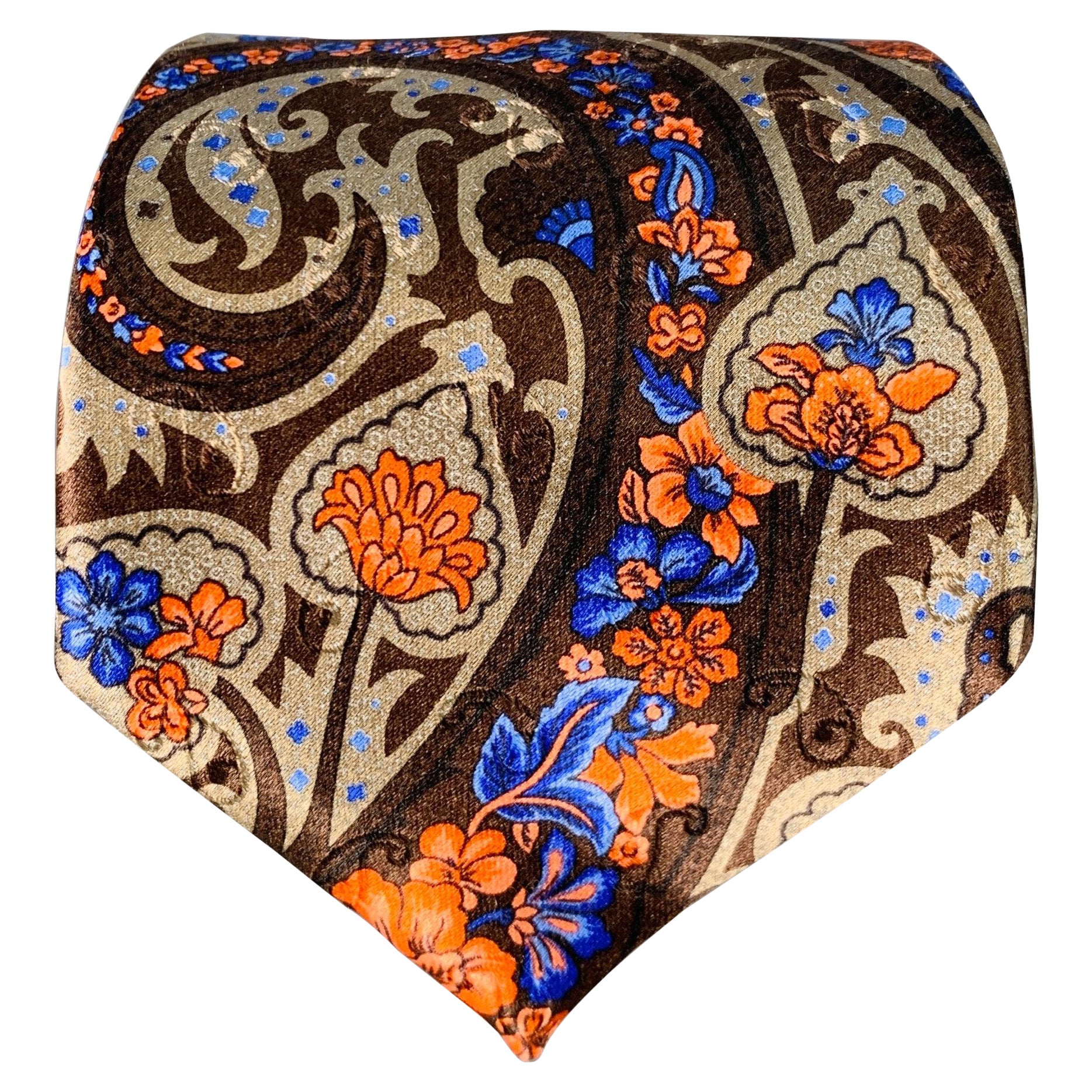 Ermenegildo Zegna Cravate en satin de soie marron Orange Floral Paisley en vente