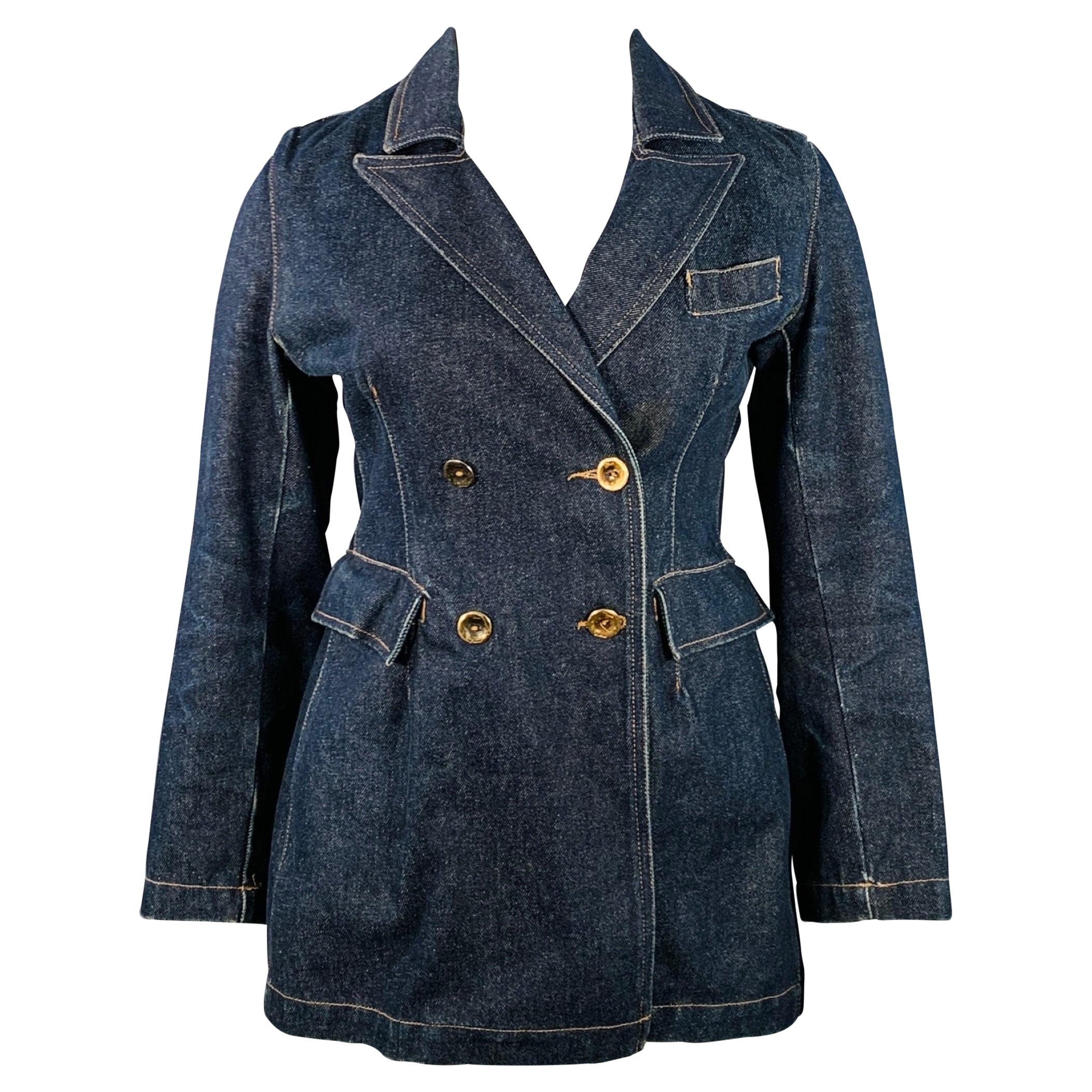 TODD OLDHAM JEANS Vintage anni '90 Taglia L Indigo Cotone Denim Stitch a contrasto Cappotto doppio petto in vendita