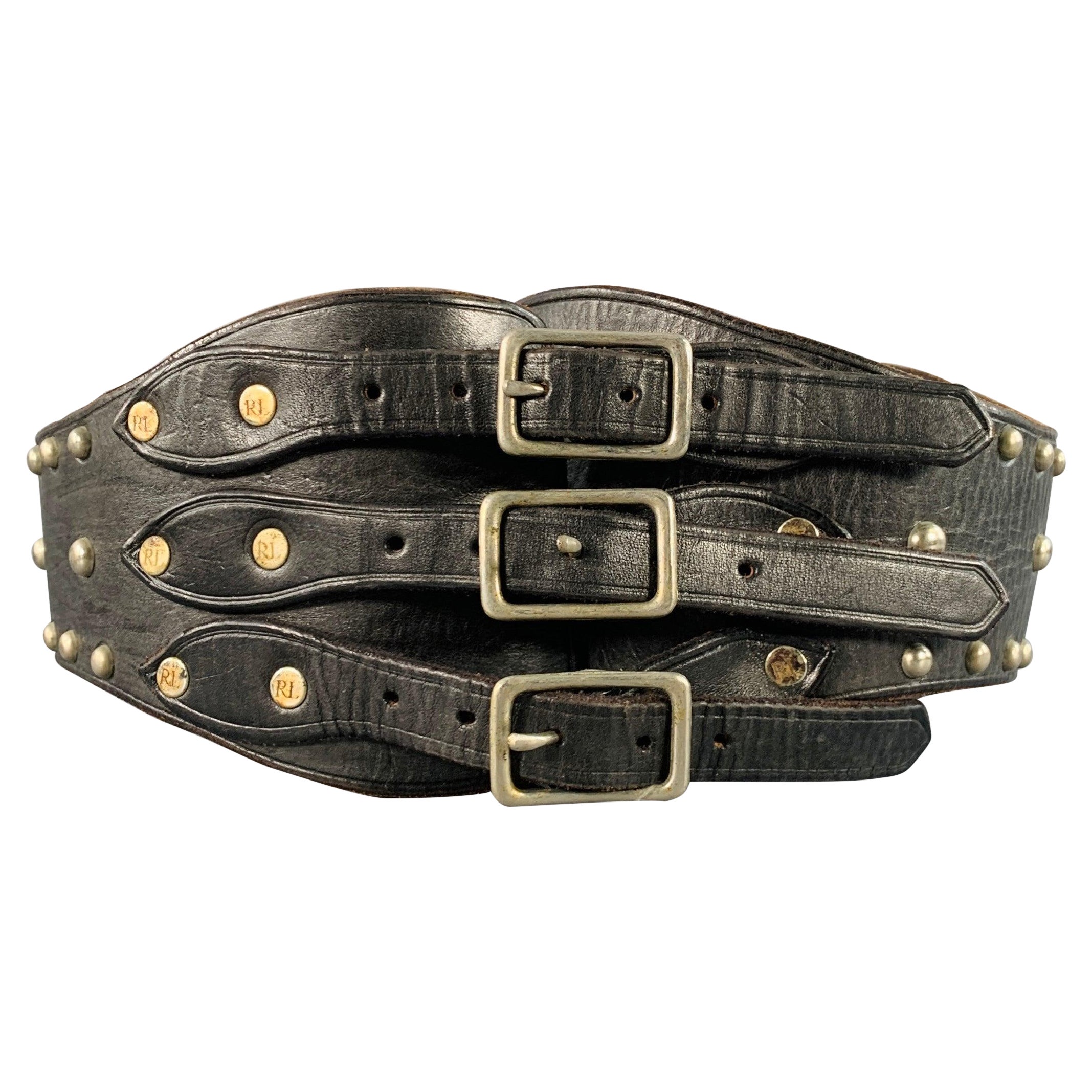 RALPH LAUREN Size S Brown Silver Studded High Waisted Leather Metal 3 Buckle Belt For Sale