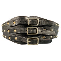 RALPH LAUREN Size S Brown Silver Studded High Waisted Leather Metal 3 Buckle Belt