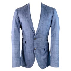 HUGO BOSS Size 40 Blue Black Window Pane Silk Linen Tailored Fit Sport Coat