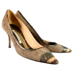 MANOLO BLAHNIK Size 8 Tan Brown Suede Snakeskin Cap Toe Pumps