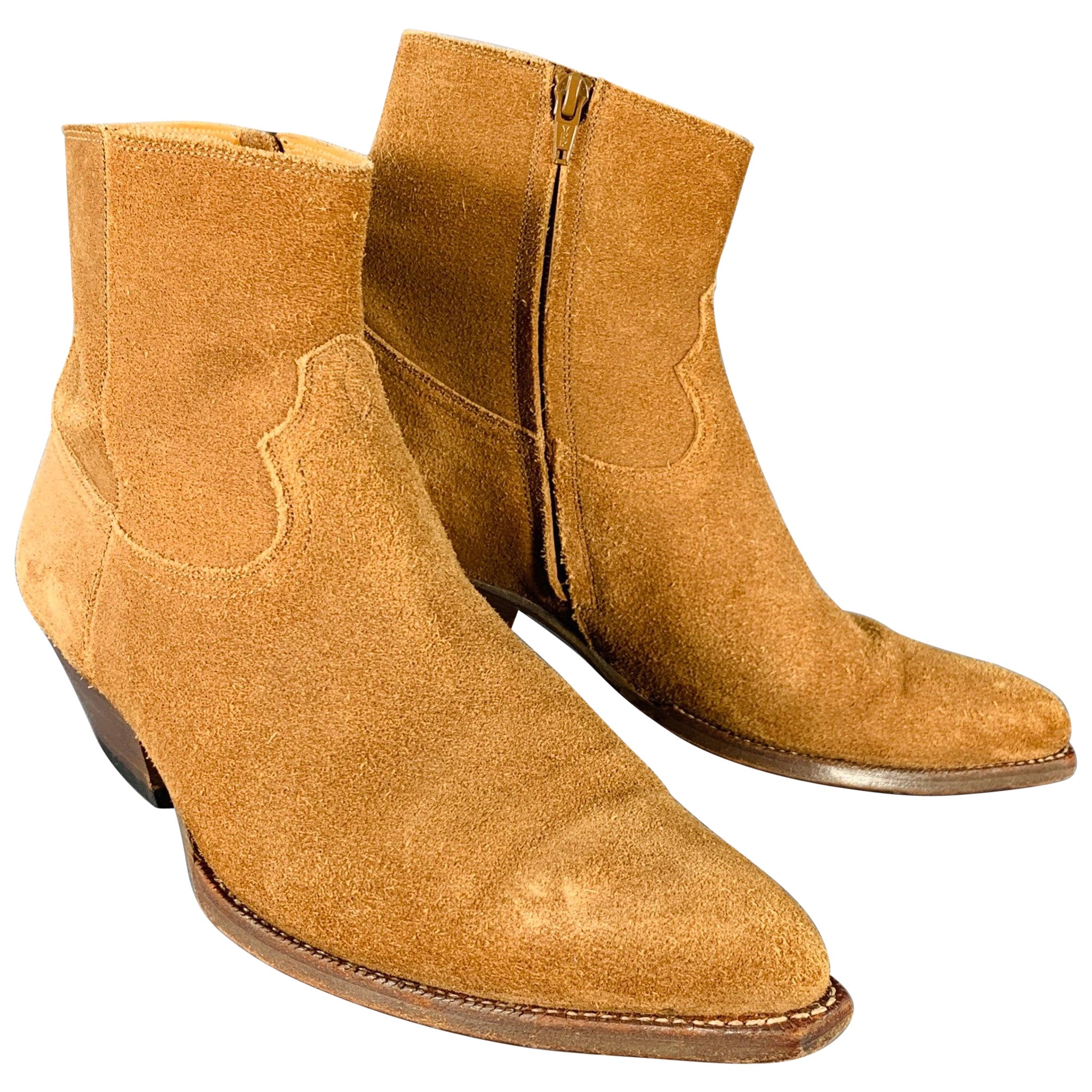 SAINT LAURENT Size 10 Camel Suede Side Zipper Western Cowboy Ankle Boots For Sale
