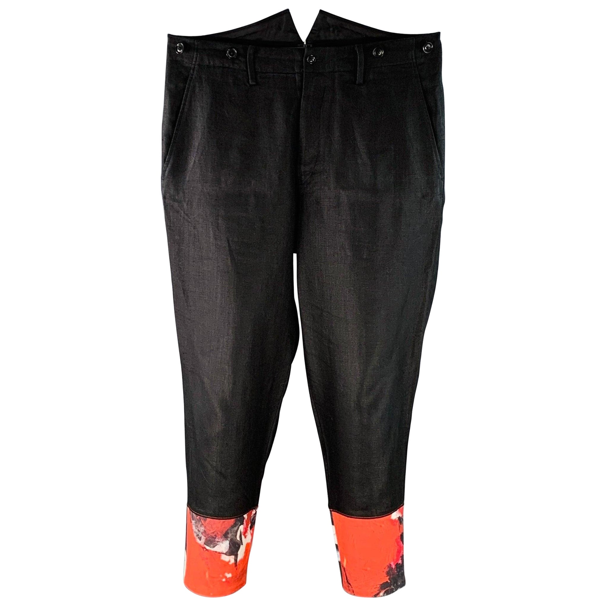 YOHJI YAMAMOTO Size L Black Red Contrast Trim Linen Back Cinch High Waist Dress Pants en vente