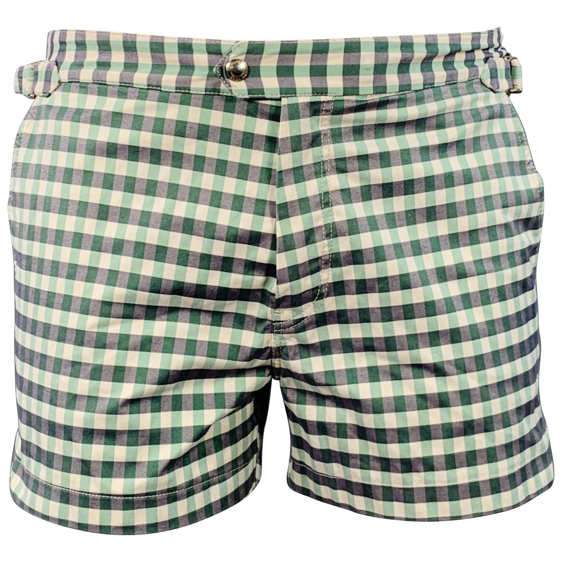 TOM FORD Size 32 Green Grey White Gingham Side Tabs Swim Trunks (pantalon de bain) en vente