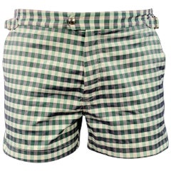 TOM FORD Size 32 Green Grey White Gingham Side Tabs Swim Trunks (pantalon de bain)
