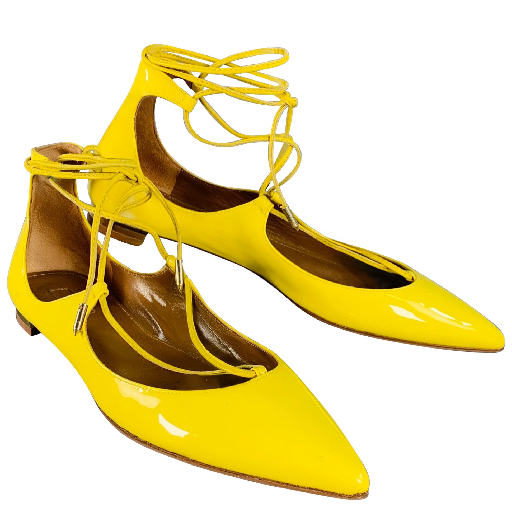 AQUAZZURA Size 9.5 Yellow Patent Leather Laced Pointed Toe Flats For Sale