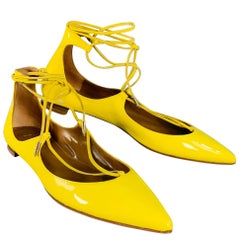AQUAZZURA Size 9.5 Yellow Patent Leather Laced Pointed Toe Flats