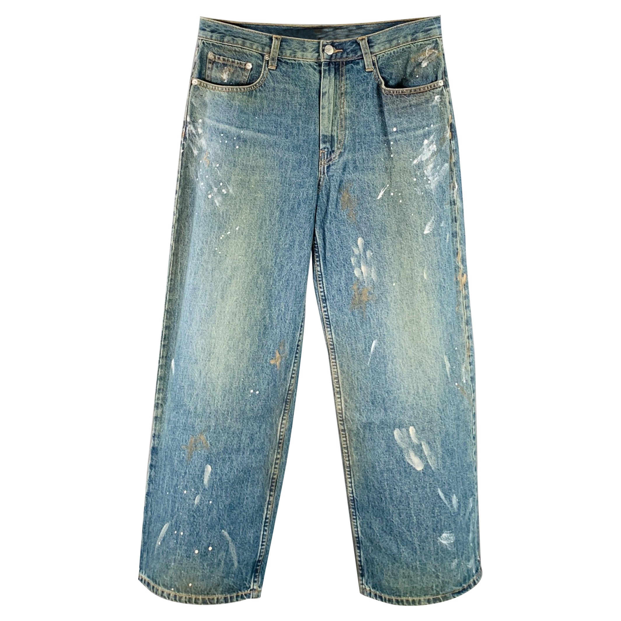 HELMUT LANG Taille 32 Jean croisé à jambes larges Bleu Paint Splatter Coton Ajustable Cinq Poches en vente