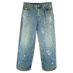 HELMUT LANG Taille 32 Jean croisé à jambes larges Bleu Paint Splatter Coton Ajustable Cinq Poches