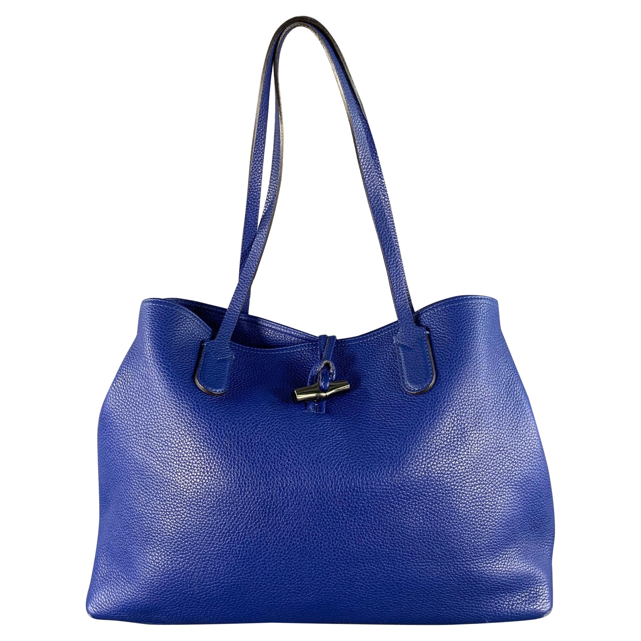 LONGCHAMP Blue Pebble Grain Leather Tote Handbag For Sale