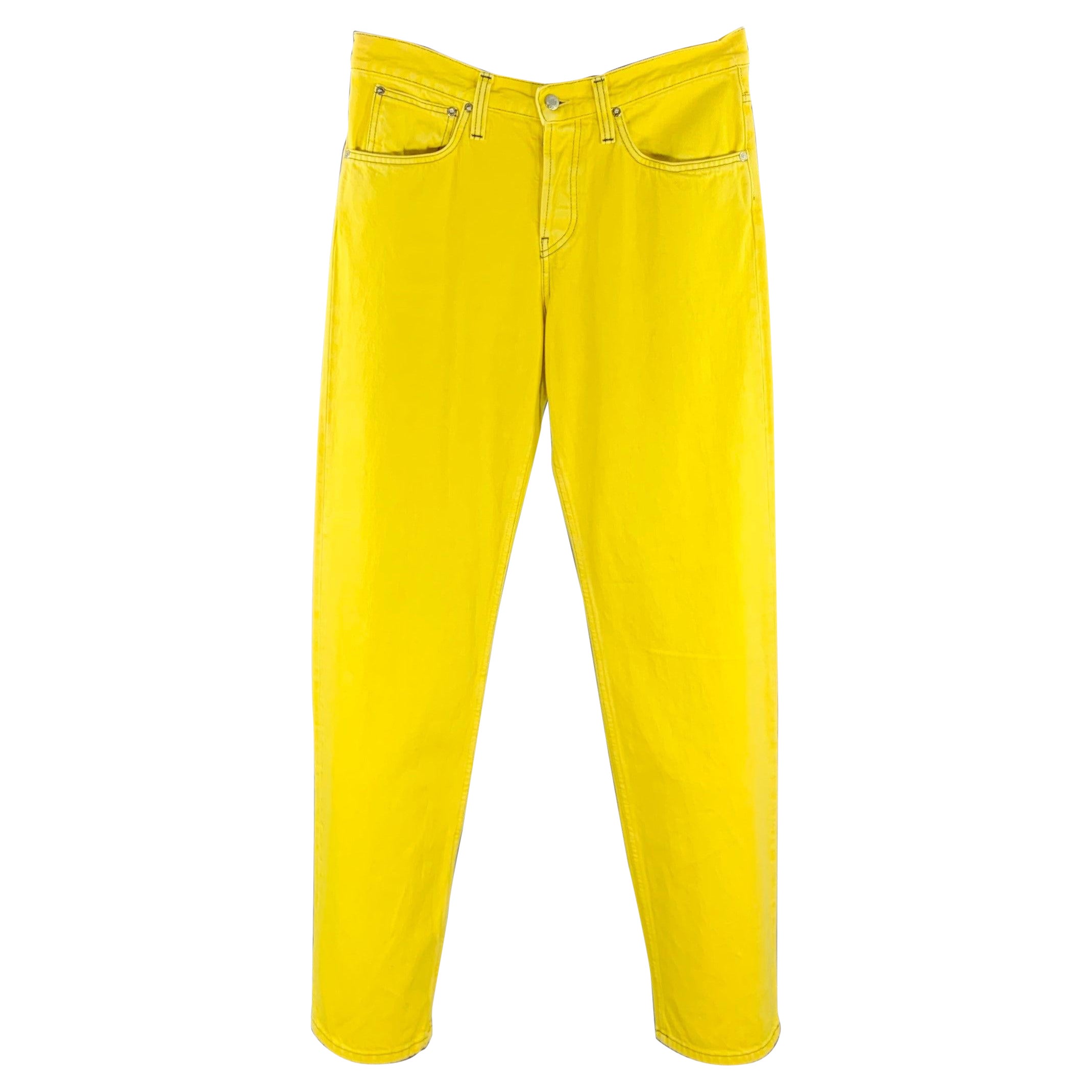 HELMUT LANG Taille 30 Masc Lo Easy Yellow Contrast Stitch Cotton Zip Fly Jeans en vente