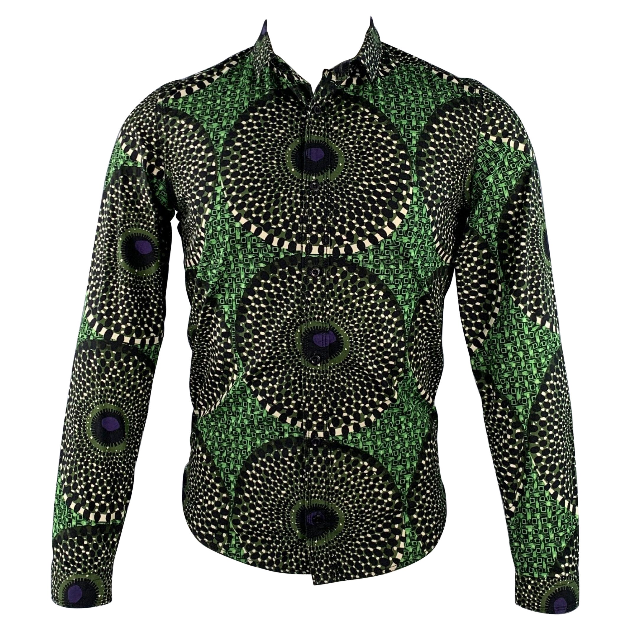 Burberry Prorsum Taille S Chemise en coton à manches longues à motif géométrique vert et noir en vente