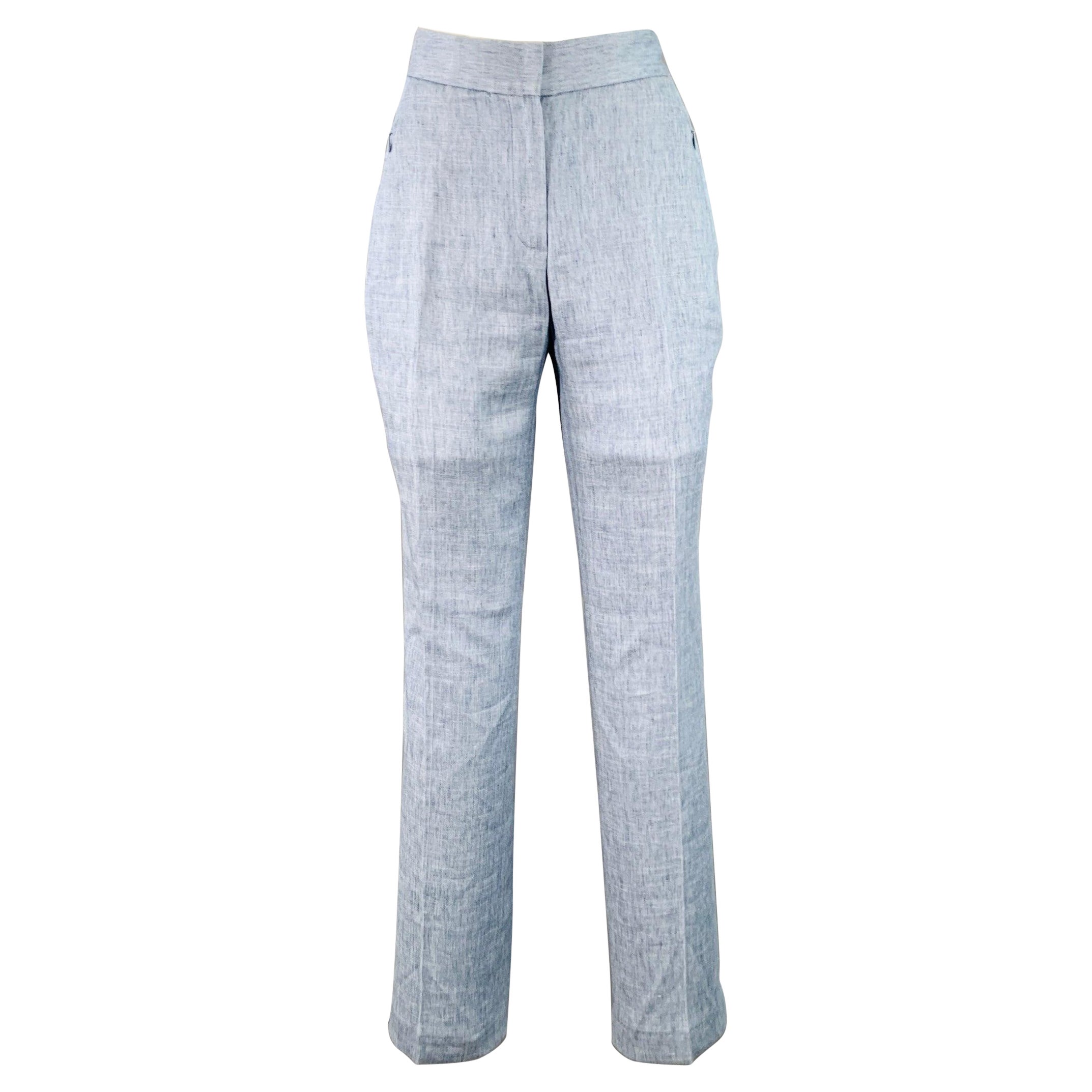 ELIE TAHARI Taille 4 Pantalon décontracté à devant plat en lin mélangé bleu chiné en vente