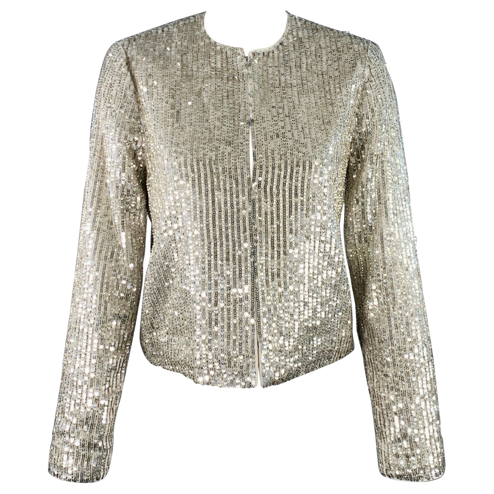 ALICE + OLIVIA Size S Silver Polyester Sequined Stripe Jacket Blazer en vente