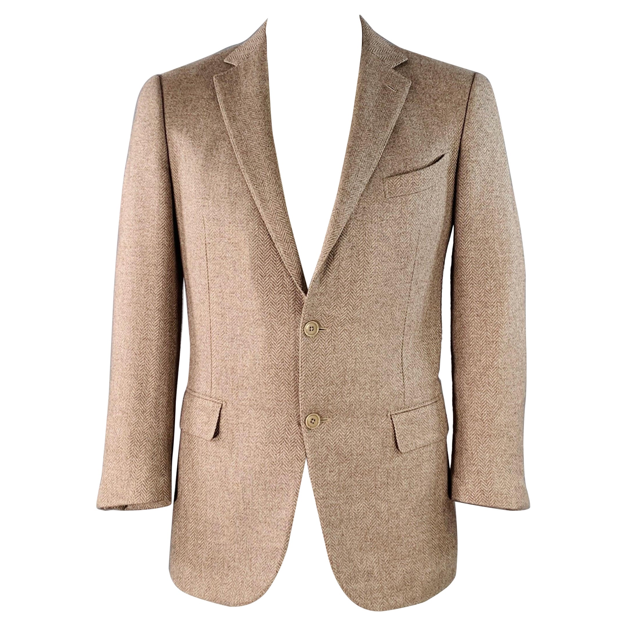 ERMENEGILDO ZEGNA Size 42 Beige Taupe Herringbone Cashmere Silk Sport Coat For Sale