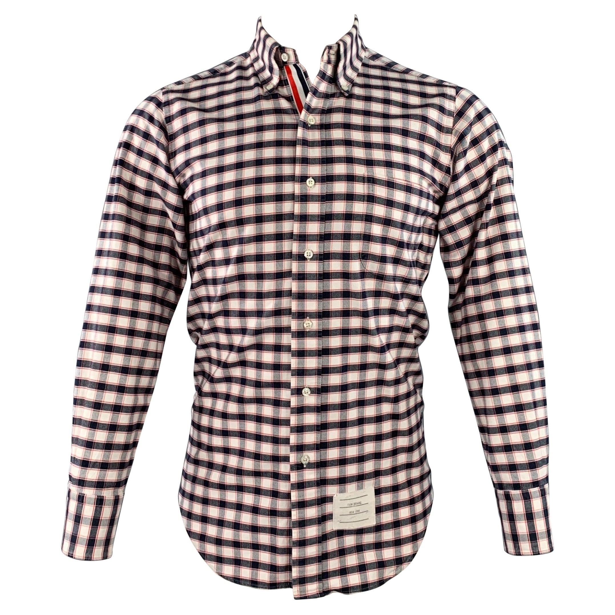 THOM BROWNE Größe S Weiß Schwarz Rot Oxford Kariertes Langarmhemd aus Baumwolle im Angebot