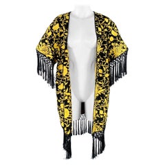 ALICE + OLIVIA Size XS/S Black Yellow Silk Embroidered Open Front Fringe Coat (Manteau à franges ouvert sur le devant)