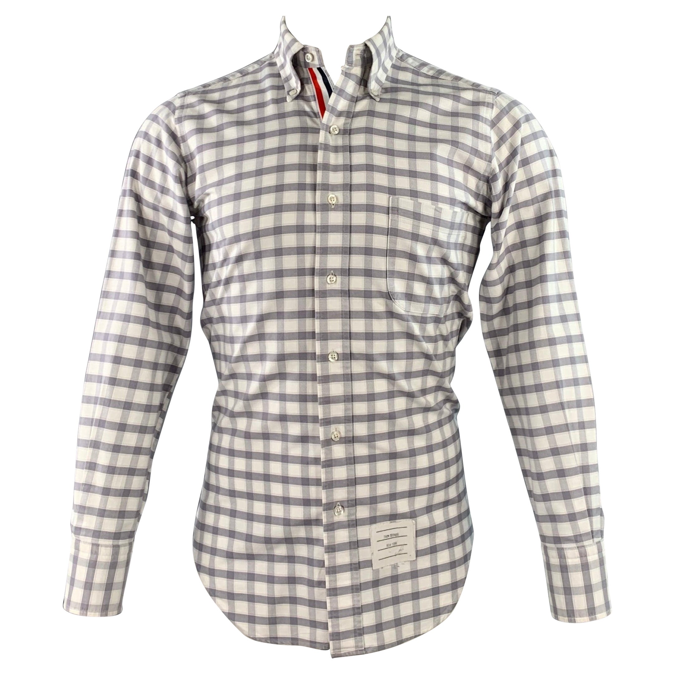 THOM BROWNE Größe S Grau Weiß Oxford Kariertes Langarmhemd aus Baumwolle im Angebot