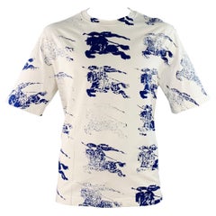 BURBERRY Size L White Blue Logo Print Cotton Blend Short Sleeve T-shirt