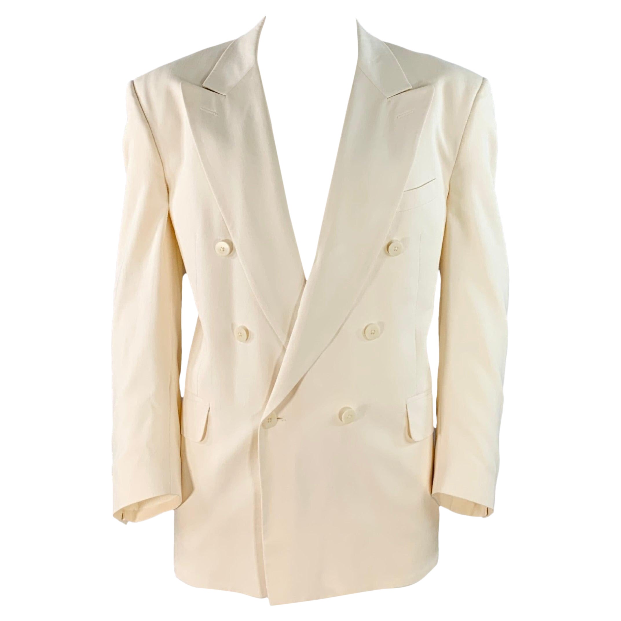 SAKS FIFTH AVENUE Size 48 Cream Silk Double Breasted Single Button Sport Coat For Sale