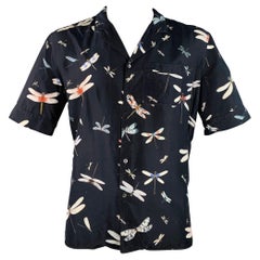 VALENTINO Size XL Black Multi Color Dragonflies Silk One Pocket Camp Short Sleeve Shirt