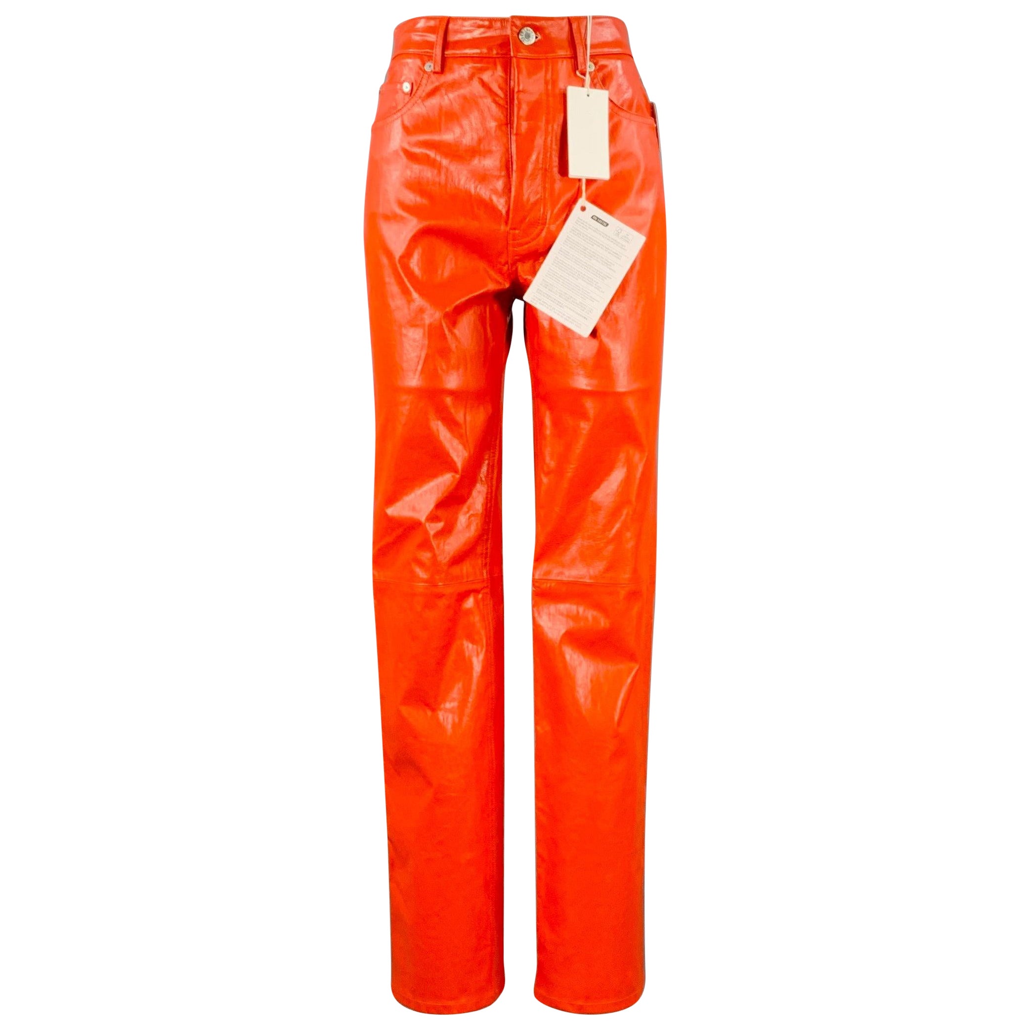 HELMUT LANG Size 2 Magma Orange Lambskin Leather Jean Cut Casual Pants For Sale