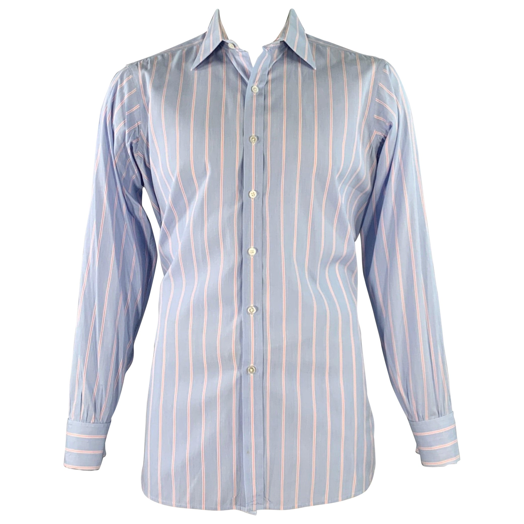 TURNBULL & ASSER Größe L Blau-Pink gestreiftes Langarmhemd aus Baumwolle mit französischer Manschette im Angebot