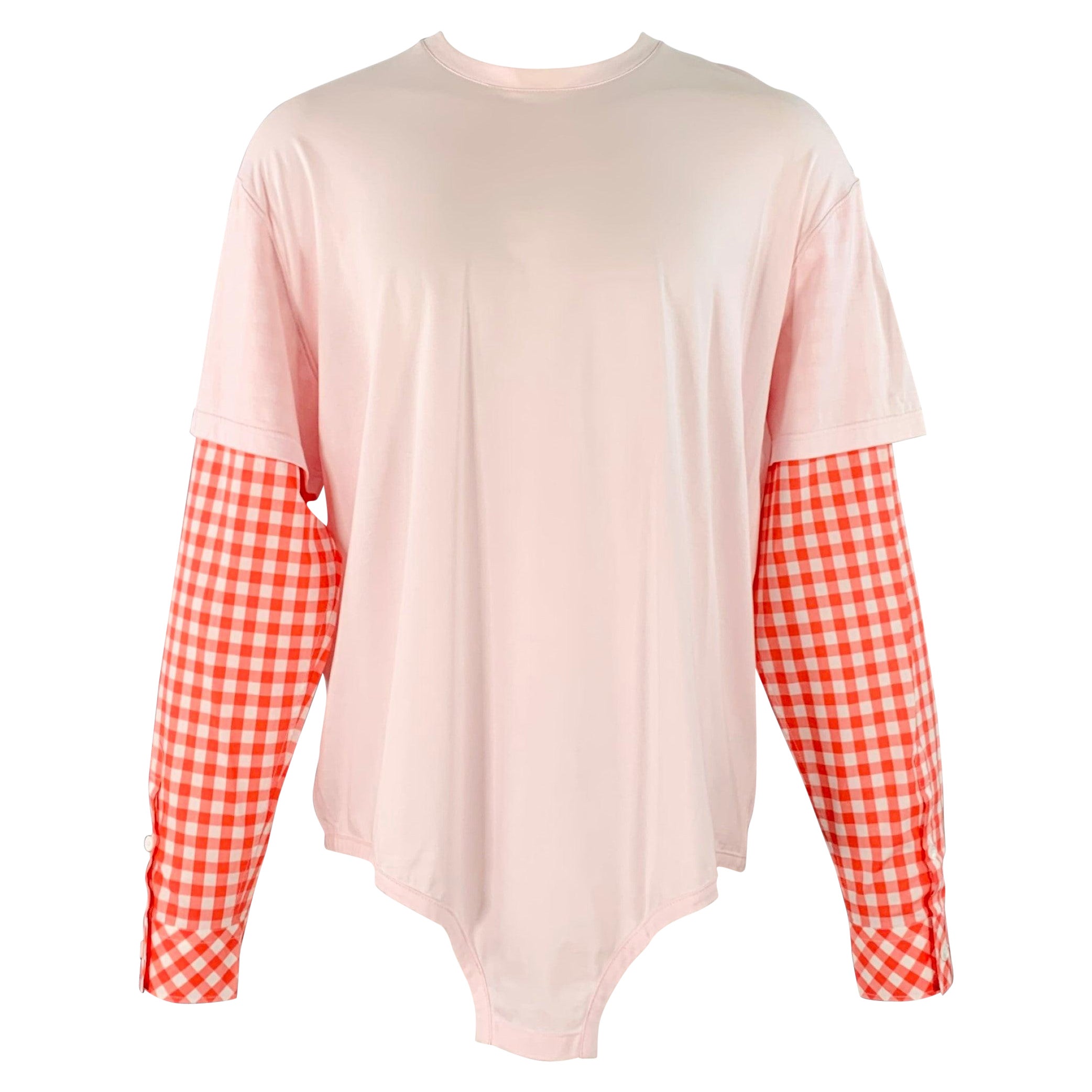 BURBERRY Size M Pink Red Gingham Cotton Layered Oversized Crew Neck Pullover For Sale