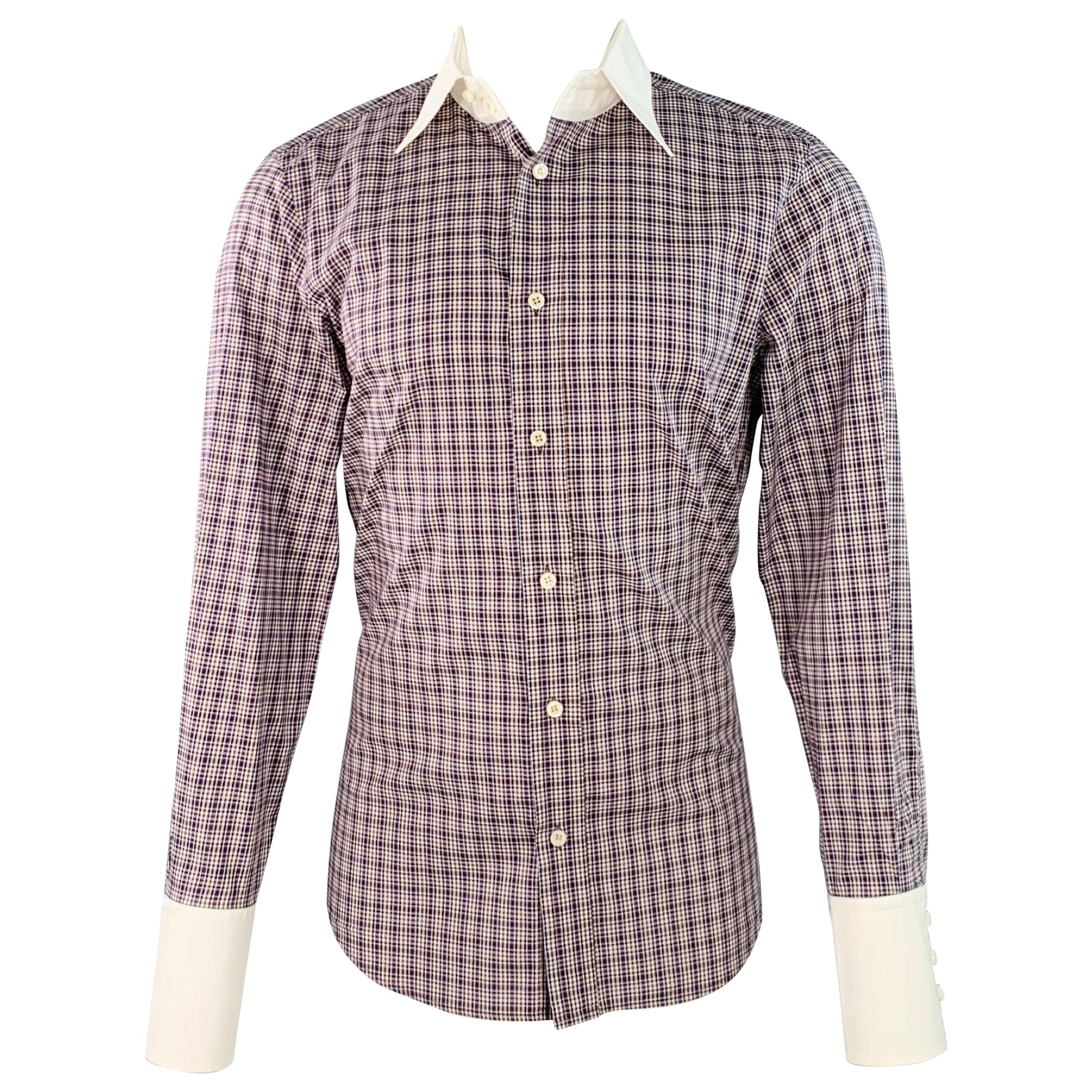 Dsquared2 Taglia 40 Camicia a maniche lunghe in cotone a quadri bianchi, marini e marroni con bordi a contrasto in vendita